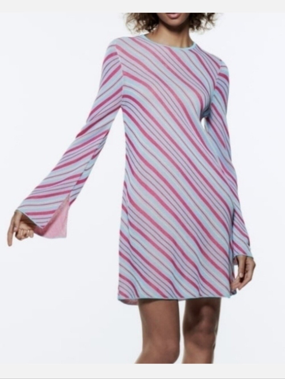 NWT ZARA Pink Blue Striped Long Sleeve Knit Mini Dress small